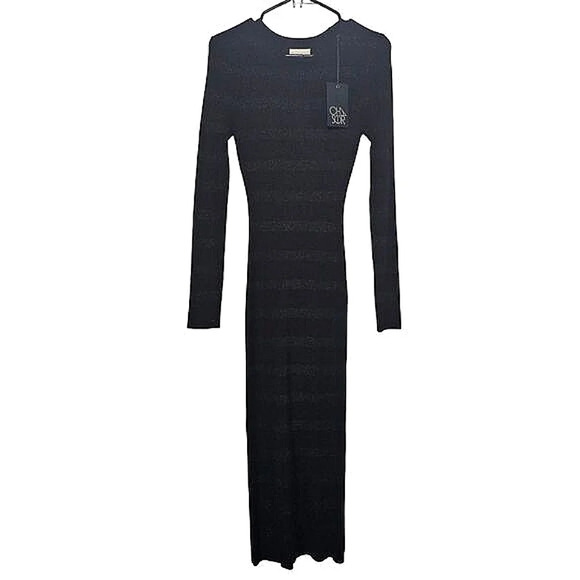 Chaser Dresses & Skirts - NWT Chaser Veda Fillmore Stripe‎ Midi Dress Small Bodycon Black Silver Heavy